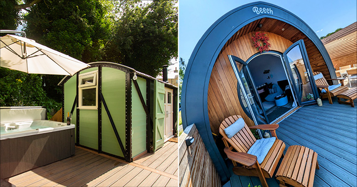 hot tub and exterior of railway carriage accommodation at Beamish Glamping and Glamping Pod at Derecroft Glamping